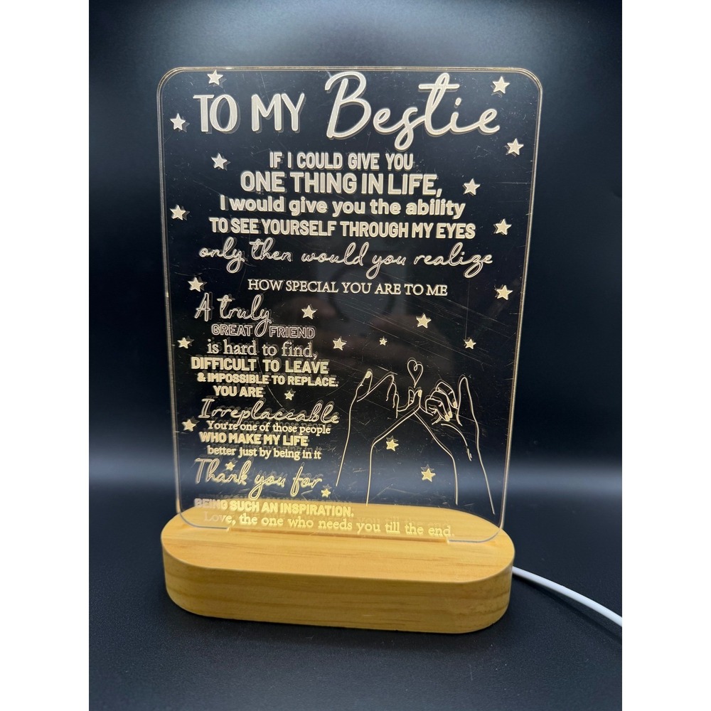 To My Bestie Engraved Acrylic Night Light Wood Base USB Powered Best Friend Gift